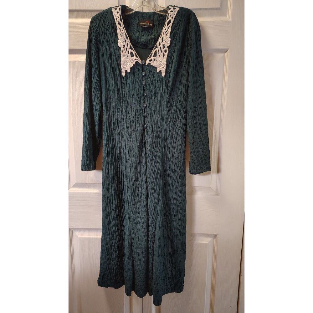 Vintage David Rose Plisse Midi Dress Size 10 Teal Green White Lace Collar